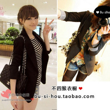 2012春新 AYUKI专柜同款条纹衬中长款修身小西服黑色西装外套 女