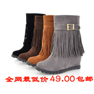  包邮特价12新流苏靴清仓正品热销短靴春秋女单靴坡跟内增高女鞋子