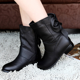  新款冬真皮女靴时尚马丁蝴蝶结女鞋低根短靴子牛皮单靴