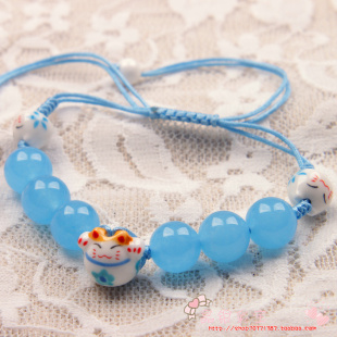  满包邮纯天然白砗磲玉髓玛瑙招财猫陶瓷红绳手链时尚饰品韩版女生