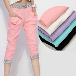 宽松翻边<em>条纹马裤</em>休闲中裤 - 银月折扣网