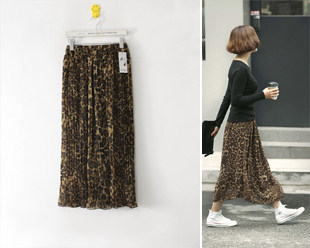 (Ladies 611-2) European and American fashion leopard elastic waist chiffon skirts, pleated skirt # 5012