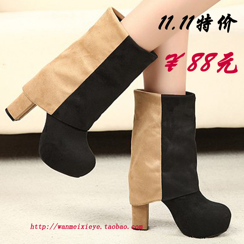 巴黎时尚走秀女式靴子 撞色淑女粗跟中筒靴小码女鞋高跟靴夜店鞋