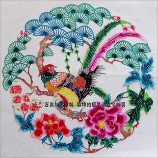 万泉 花鸟剪纸 彩色 凤穿牡丹 特色 手工剪纸窗花 工艺品礼品