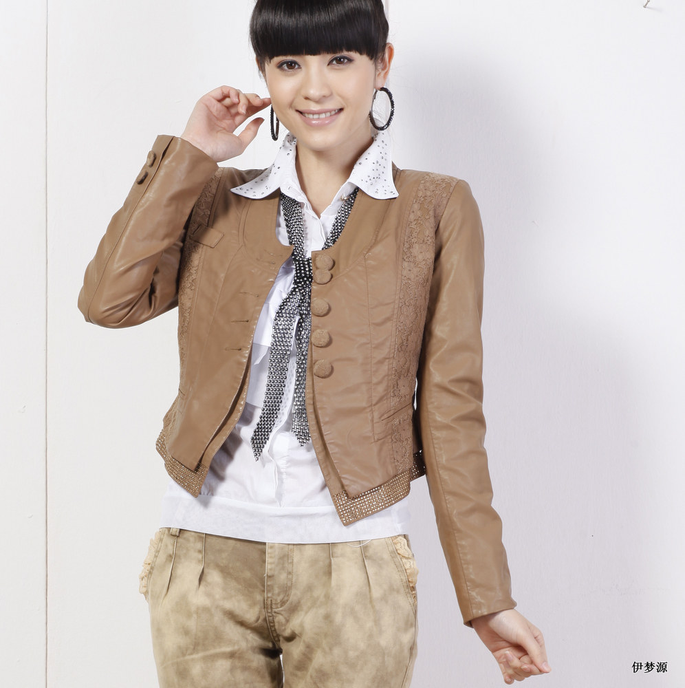 伊梦源2011女装春装新款修身PU皮 配花边皮衣外套上衣0806