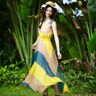 妮以2012夏装 新款女装撞色背心沙滩裙雪纺连衣裙波西米亚长摆裙
