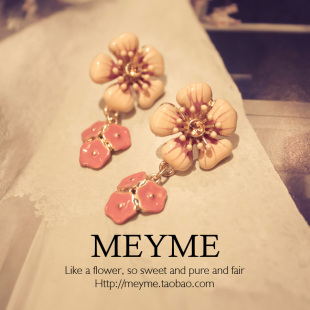  韩国韩版欧美时尚复古饰品 粉色花朵钻石 女合金长款耳坠耳钉