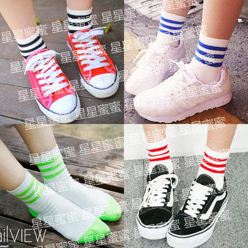 【连身袜】韩国进口袜子海军风学院风彩色条纹短袜运动袜可爱糖果袜女袜子