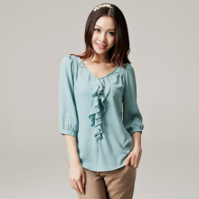 蓝若水大码女装 2012新款夏装 小清新时尚OL通勤显瘦荷叶边雪纺衫