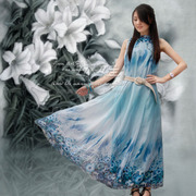 韩版雪纺连衣裙夏季波，西米亚沙滩裙，海边长裙女装裙子悠蓝假日