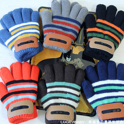 Children warm gloves Add wool with thick finger gloves private label Qiu dong stripe warm points refers to woolen gloves
