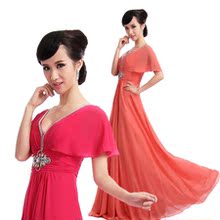 2012V领韩版红色雪纺晚礼服长款演出服新娘结婚敬酒服婚纱礼服裙