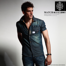 match麻吉新款 男士衬衫 短袖衬衫 牛仔衬衫 牛仔衬衣 男T0113
