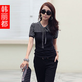 2012夏装 新款女装 韩版T恤打底衫 蝴蝶结海魂短袖t恤 女71029