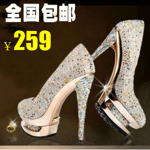  真皮GL彩钻石水晶鞋圆头防水台小辣椒女单鞋高跟鞋子夜店婚鞋