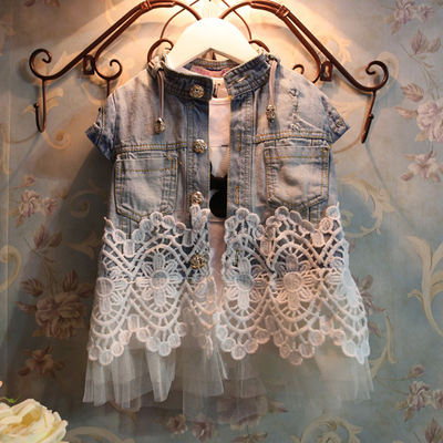 欧洲站<em>女童装秋冬</em>名媛新款牛仔拼蕾丝雪纺<em>马甲</em>