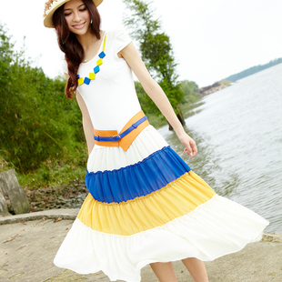 妮以2012夏装 新款女装拼接撞色大摆短袖雪纺连衣裙波西米亚长裙