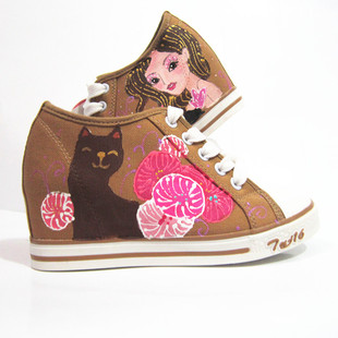  涂+16手绘鞋韩版系带帆布鞋低帮内增高跟坡跟鞋休闲鞋涂鸦女单鞋