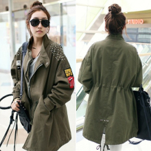 <span class=H>韩国</span><span class=H>代购</span>春季新款正品女装2012军绿色军工装铆钉大码长款风衣特价