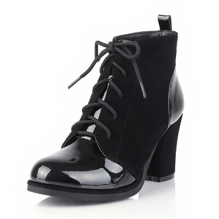  欧美真皮高跟磨砂漆皮粗跟短靴春秋新品单里女鞋子马丁靴踝矮筒靴