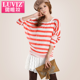  【券】LUVIZ 秋装新品 蝙蝠袖条纹针织蕾丝两件套连衣裙秋 2374