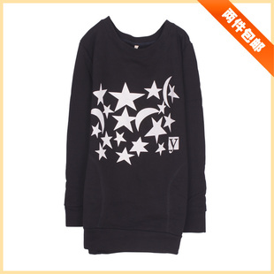 特价 休闲长袖卫衣女中长款宽松版星月图案黑