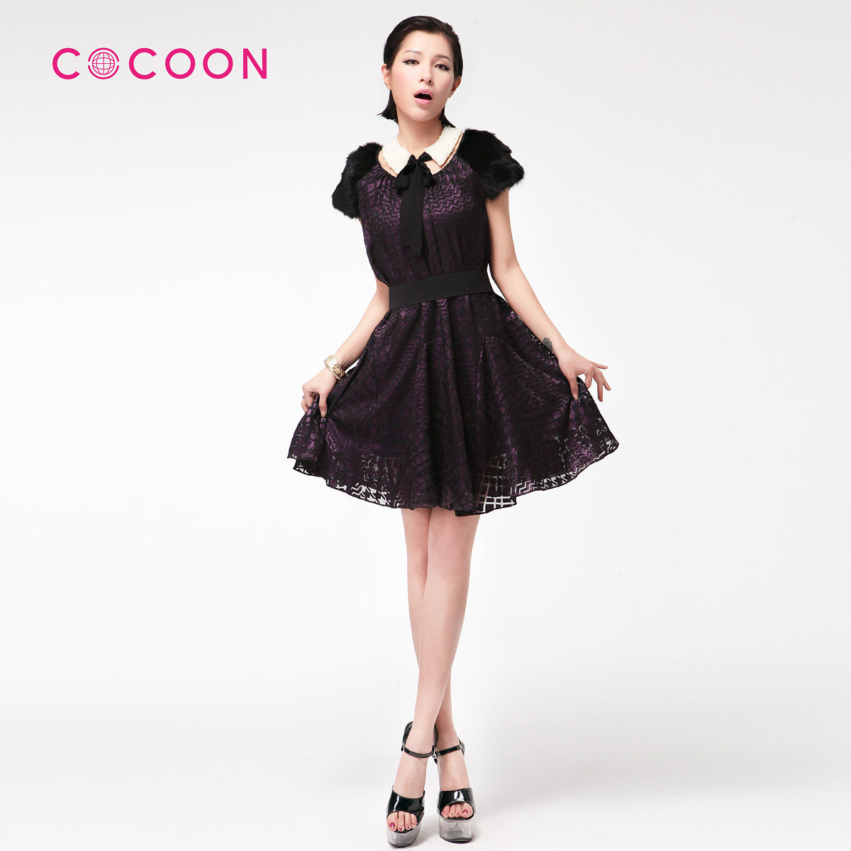 COCOON可可尼2012新品优雅圆领兔毛波点连衣裙714102002a