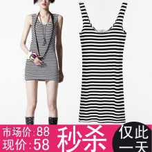JNJW11夏季女装 百搭修身显瘦 弹力黑白条纹背心 长款圆领背心