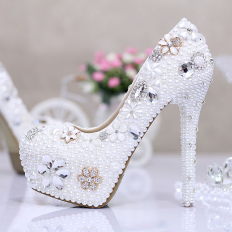 唯美珍珠水钻婚鞋超高跟新娘鞋防水台拍婚纱照
