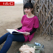 艾曦2012春装新款女装韩版假两件长款长袖T恤蝙蝠杉泡泡袖打底衫