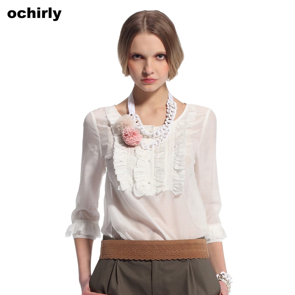 新款女装夏装米白半开襟衬衫，Ochirly/<span class=H>欧时力</span>促销