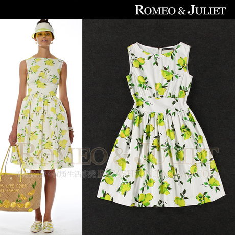 【设计师】2014夏欧美女装新款热带清新柠檬纯棉印花裙修身连衣裙