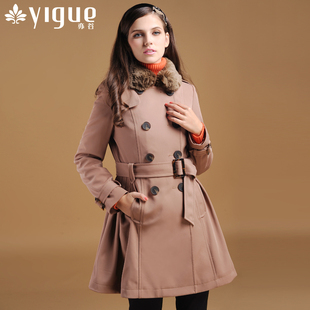  yigue亦谷 冬装新品英伦风双层内胆毛领保暖加厚风衣女D038