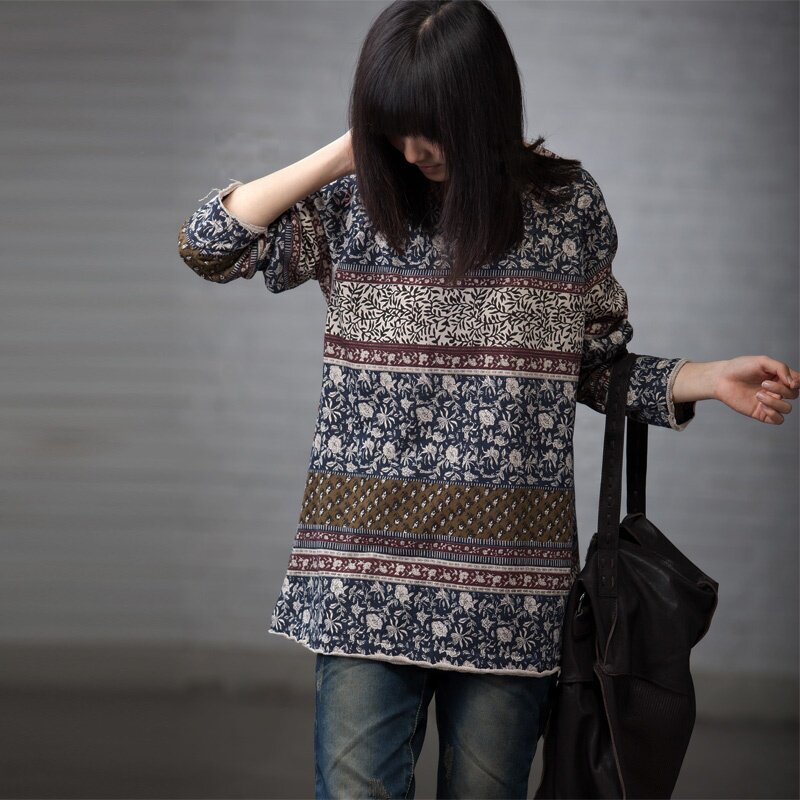 R20927A 复古碎花卷边圆领长袖女士绒衫2012秋冬米兰宣言-米可可
