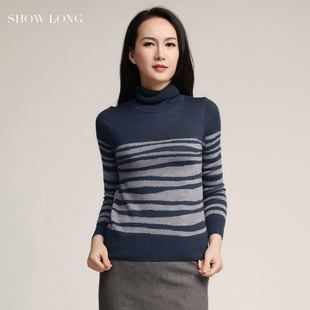  SHOWLONG 舒朗 时尚高领羊毛横纹套头衫 S2114K12 原价880
