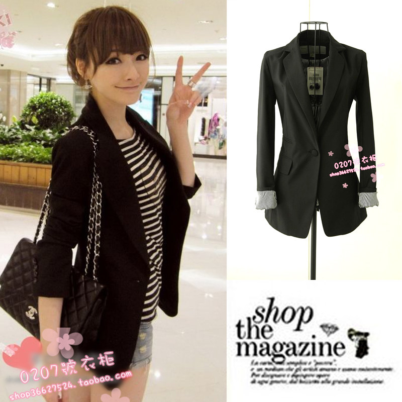 2012春夏AYUKI专柜同款韩版条纹中长款修身西服西装外套女黑1107