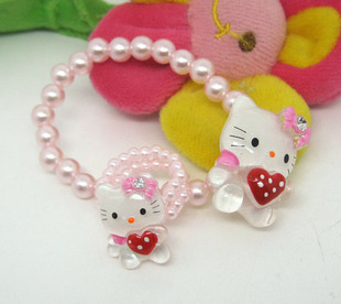  HELLO KITTY 猫 珍珠珠子儿童公主手链戒指套装 有弹性 大红抱心