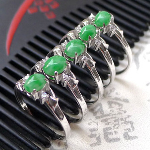  缅甸翡翠批发 A货送证书 925银镶嵌翡翠戒指 阳绿戒指 包邮秒杀