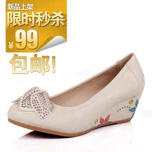 三雄麒2012春季新款水钻花朵甜美印花公主坡跟女式单鞋12018