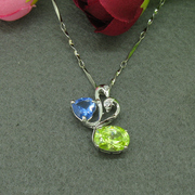天鹅之恋s925纯银项链，女款蓝绿色水晶，项链吊坠银饰品首饰