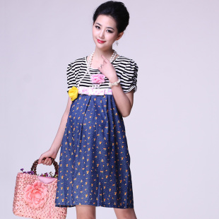 Oubuyanuo 2012 Summer cotton maternity dresses new fashion Mommy put pregnant women short sleeve stripe dress 251