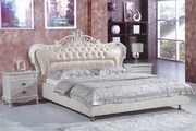 品牌欧式真皮床 1.8米5双人床  时尚太子床 白配黄色软体皮艺婚床