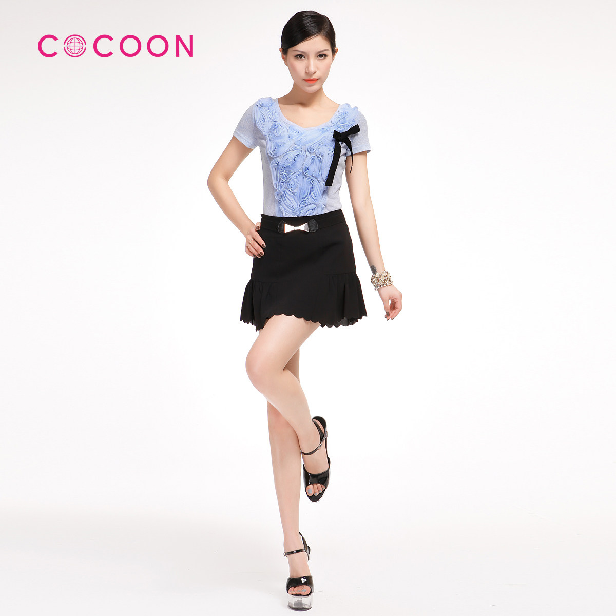 COCOON可可尼2012盘花圆领蝴蝶结百搭短袖上衣212103006