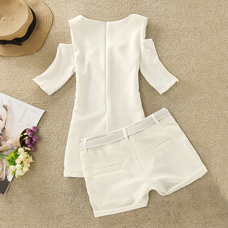 2014<em>夏季</em>两件套白色短袖打底衫休闲<em>套装短裤</em>