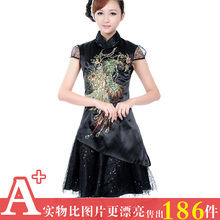 唐装连衣裙旗袍裙女士夏装改良2012时尚孔雀刺绣中式裙子黑色蕾丝