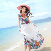 夏季波(夏季波)西米亚风格，长裙无袖圆领时尚，雪纺连衣裙碎花色高腰大摆裙子