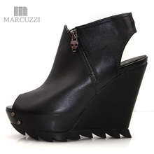 麦可吉2012新款高跟凉鞋 真皮厚底坡跟锯齿底鱼嘴短靴 欧美风格