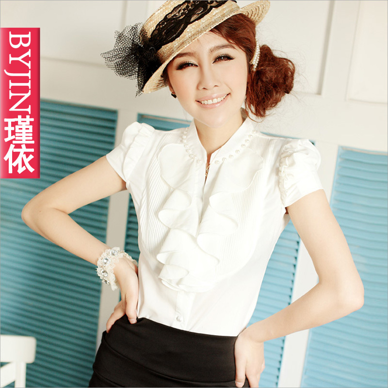 荷叶边泡泡袖雪纺衬...