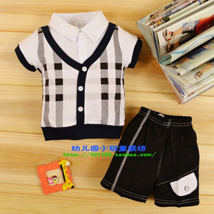  纯棉夏装新款品牌凉爽格子黑白学院风绅士套装童装六一儿童礼物