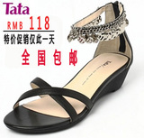 Tata/他她正品2012夏季新款凉鞋 时尚水钻链子 中跟坡跟女鞋子